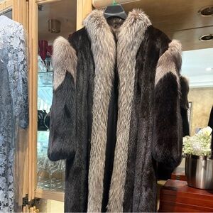 Saga Furs Luxurious Full Length Black Mink w/ Silver Fox Trim Coat.
